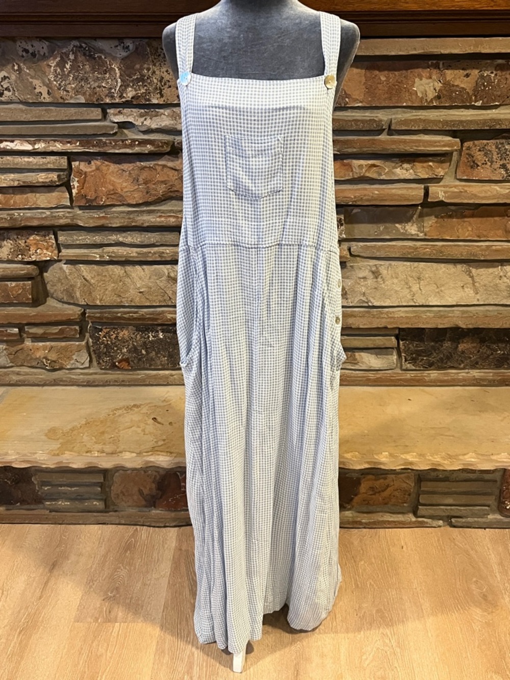 Vintage Basia Woman Light Blue Gingham Maxi Pinafore Dress